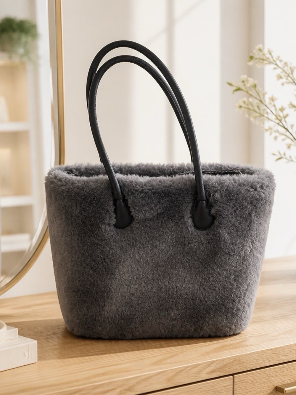 O bag Grey Faux Fur Tote Bag Made in Italy